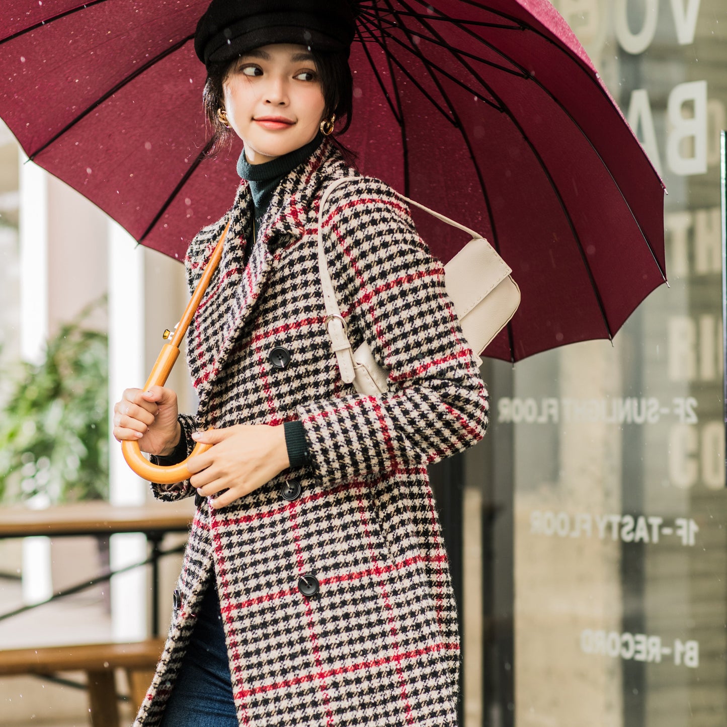 Women's Double-breasted Double-breasted Jacket With Checkered Woolen Waist