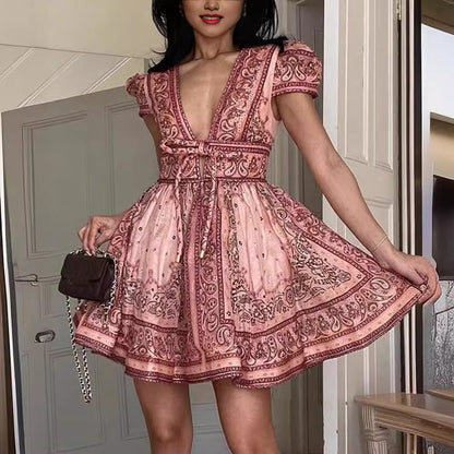 Women's V-neck Printed Short-sleeved Lace-up Dress