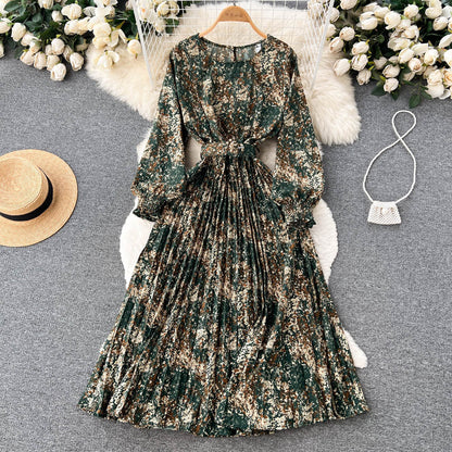 European And American Style Retro Printed Heavy-duty Pleated Dress Socialite Dress