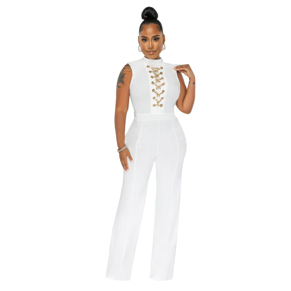 Women's Fashion Solid Color Sleeveless Stand Collar Round Neck Jumpsuit