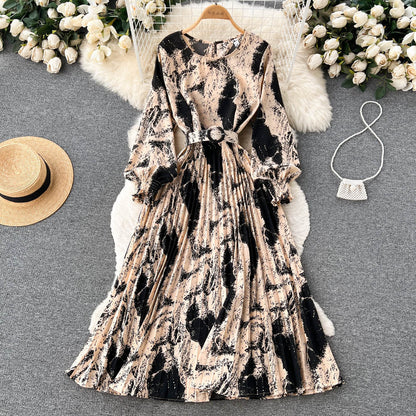 European And American Style Retro Printed Heavy-duty Pleated Dress Socialite Dress