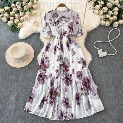 Lace-up Bow Collar Slim Fit Long Large Hem Chiffon Vacation Skirt