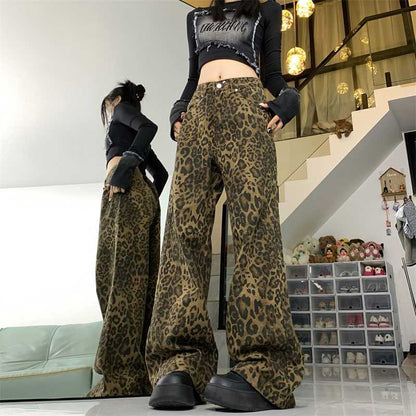 Vaqueros de pierna ancha con estampado de leopardo vintage de estilo americano para mujer