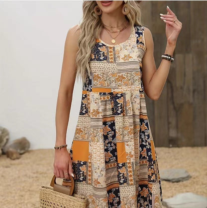 Floral Popular Round Neck Sleeveless Midi Dress