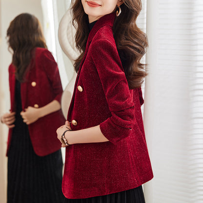 Manteau de costume à manches longues rouge vin pour femme