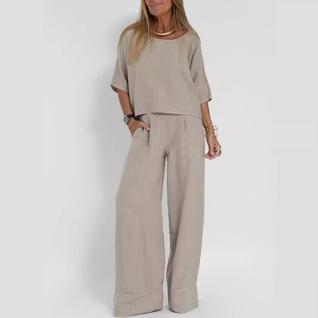 Women's Cotton And Linen Casual Cropped Sleeves Wide-leg Pants Suit