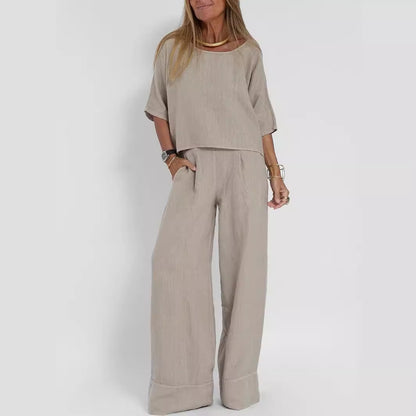 Women's Cotton And Linen Casual Cropped Sleeves Wide-leg Pants Suit