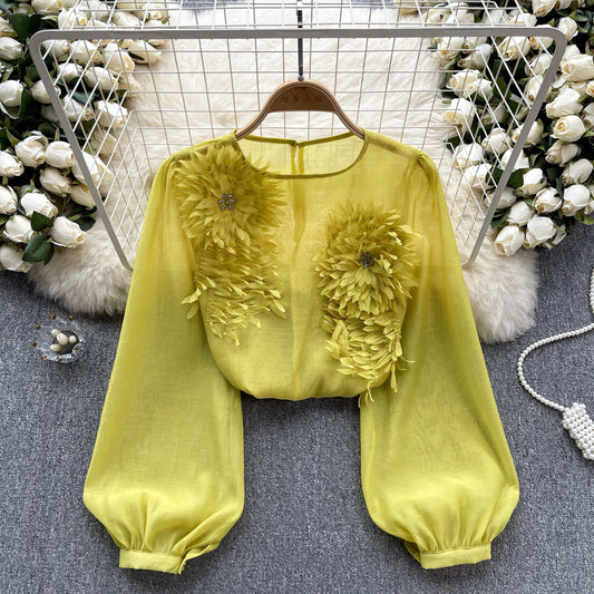 Chemise à manches bouffantes pour femmes, pull-over à fleurs tridimensionnelles, coupe cintrée