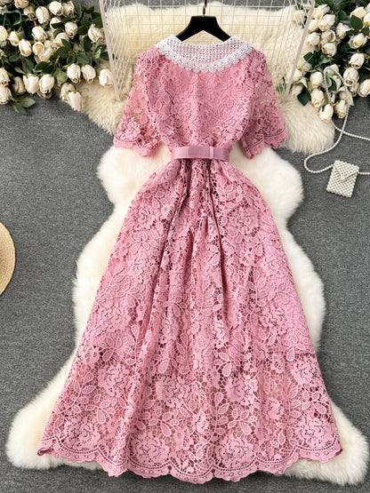 Sweet Contrast Color Doll Collar Breasted Slim-fit Mid-length Lace Dress