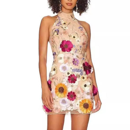 European And American Embroidery Three-dimensional Flower Halter Slim Fit Dress