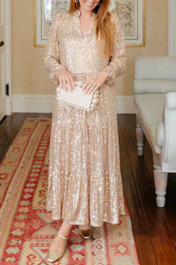 Women's Sequin Long Sleeve V-neck Banquet Dress