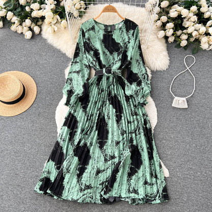 European And American Style Retro Printed Heavy-duty Pleated Dress Socialite Dress