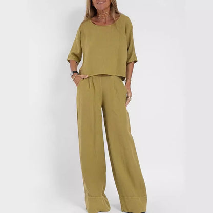 Women's Cotton And Linen Casual Cropped Sleeves Wide-leg Pants Suit