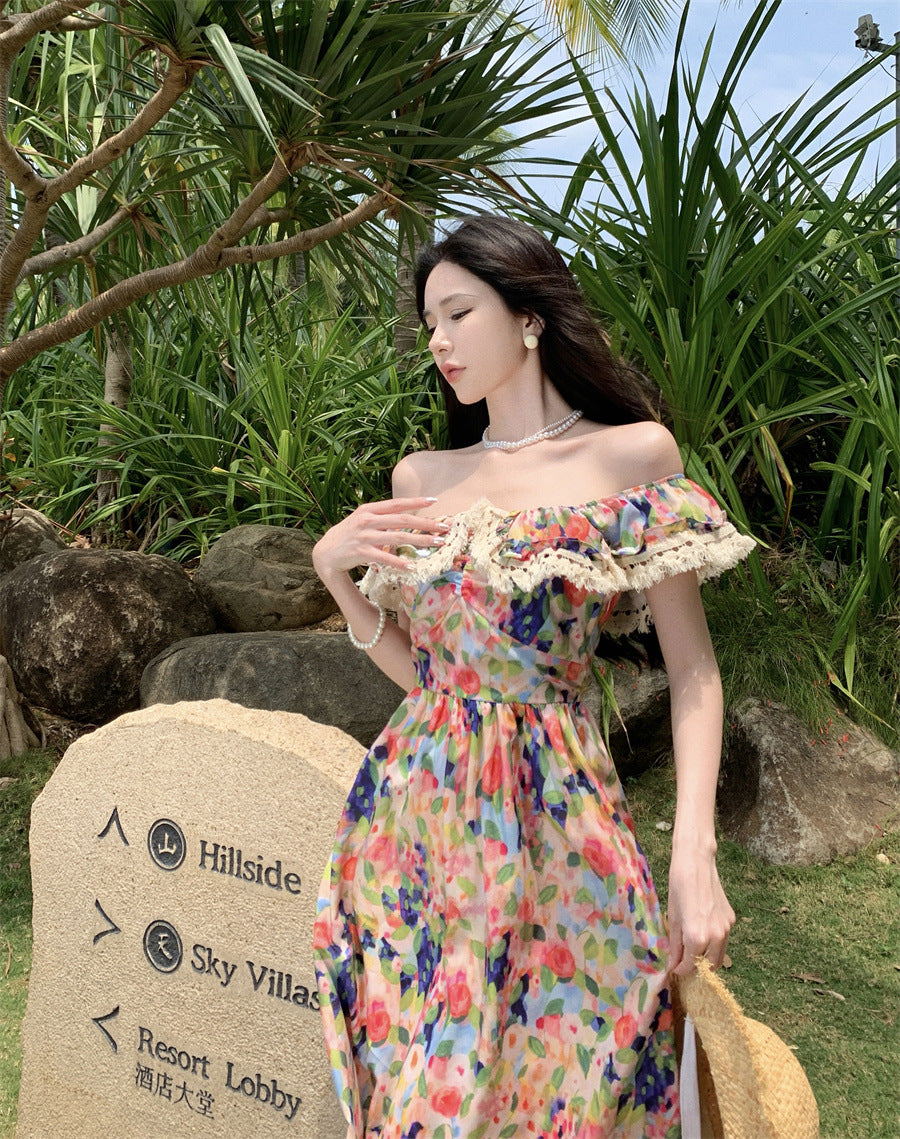 French Off-shoulder Tea Dress Off-shoulder Oil Painting Printing Dress