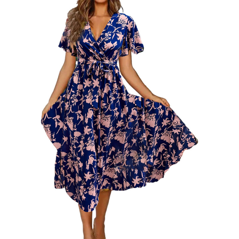 Women's V-neck Short Sleeve Printed Waist-controlled Dress Women