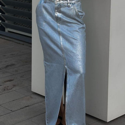 A- Shaped Split Glossy Denim Skirt