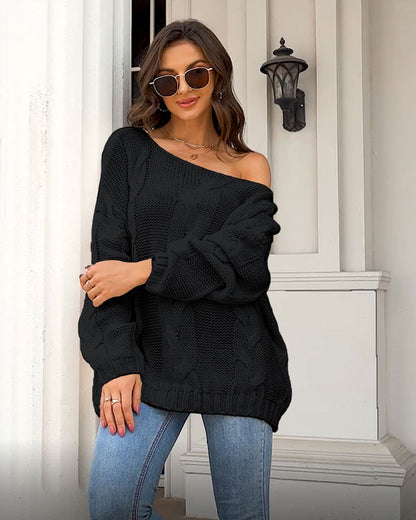 Off-neck Cable-knit Pullover Loose-fitting Oversized Sweater