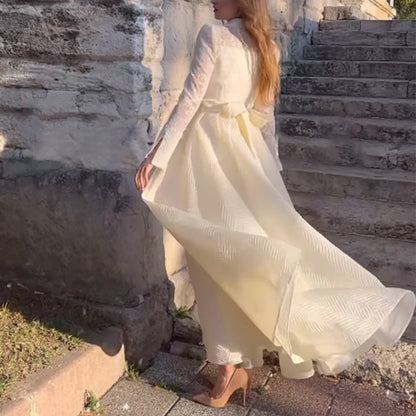 Vestido ajustado de manga larga estilo francés Retro con cuentas de flores en el pecho delantero blanco europeo y americano