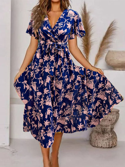 Women's V-neck Short Sleeve Printed Waist-controlled Dress Women