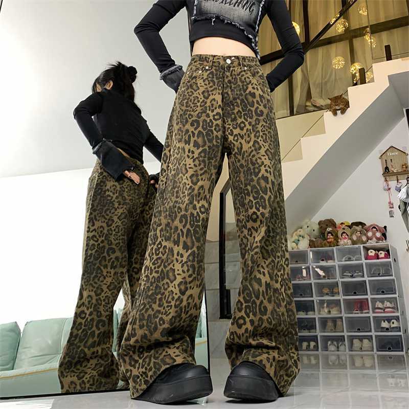 Vaqueros de pierna ancha con estampado de leopardo vintage de estilo americano para mujer