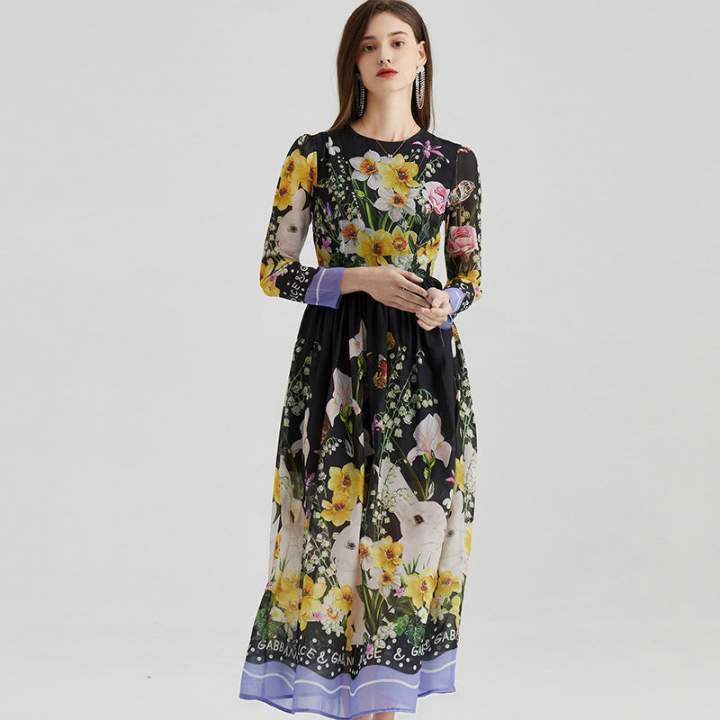 Artificial Silk Elegant Romantic Printed Round Neck Big Hem A- Line Skirt