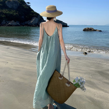 Sanya Seaside Vacation Travel Backless Green-blue Long Dress