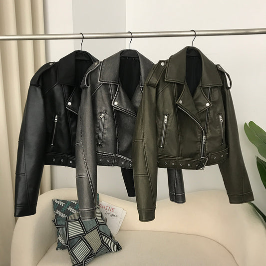 Printemps et automne femmes bicolore en cuir lavé porté moto Style européen et américain veste en cuir manteau manteau