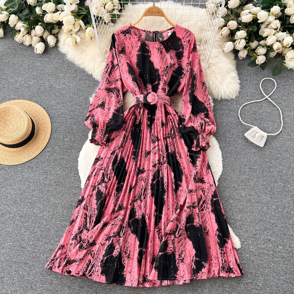 European And American Style Retro Printed Heavy-duty Pleated Dress Socialite Dress