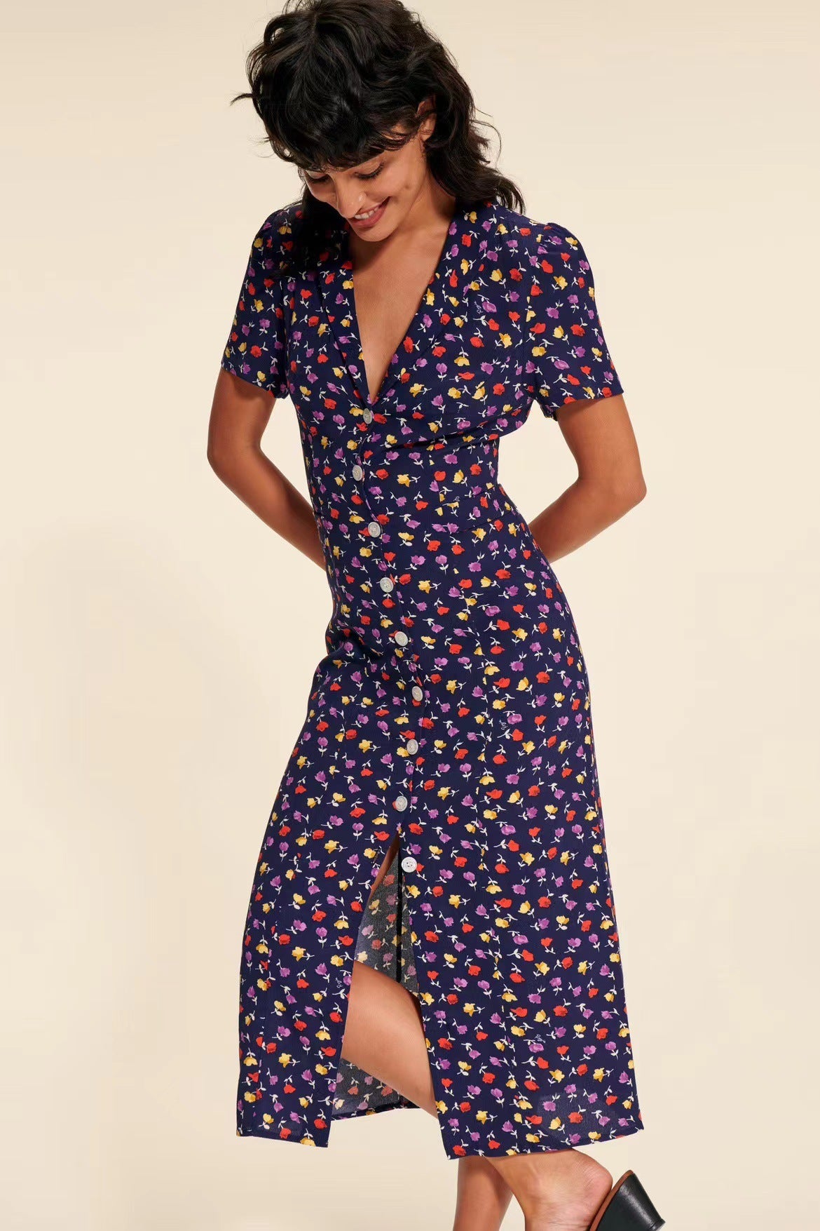 Robe longue à imprimé Floral pastoral pour femmes, boucle sur le devant, revers, pause thé