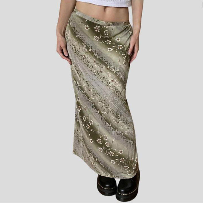 Mori Style Flower Green Leaf Printing Skirt Low Waist