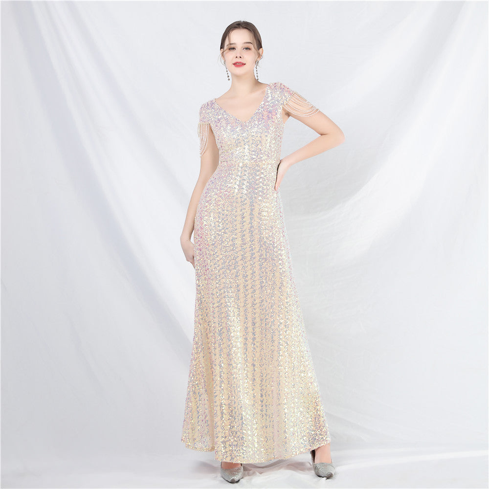 Robe trapèze à paillettes et perles artisanales pour femmes