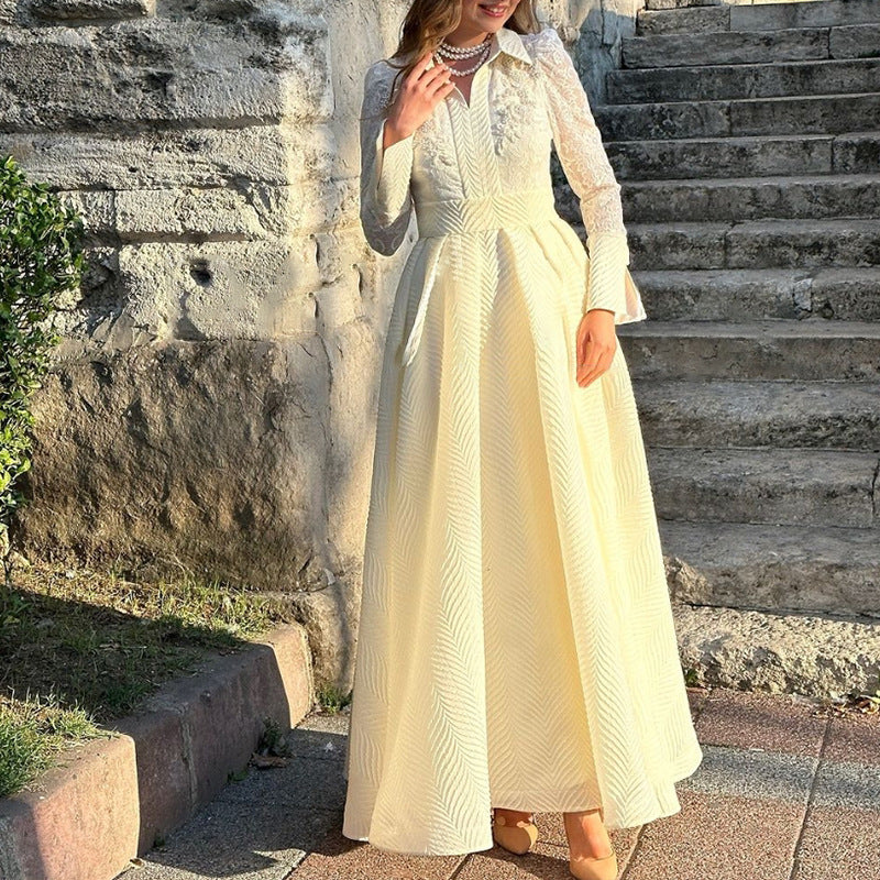 Vestido ajustado de manga larga estilo francés Retro con cuentas de flores en el pecho delantero blanco europeo y americano