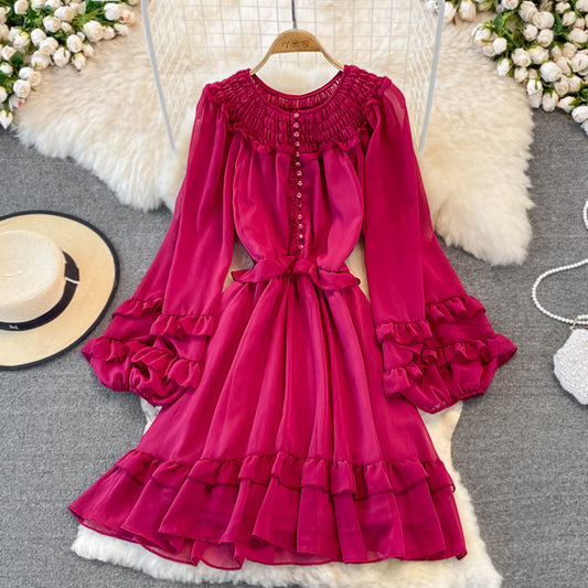 Ruffled Lantern Sleeves Round Neck Chiffon Dress