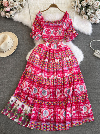 Vestido bohemio de playa para vacaciones junto al mar, manga corta, cuello cuadrado