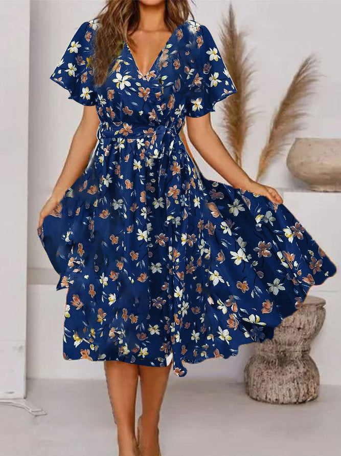 Women's V-neck Short Sleeve Printed Waist-controlled Dress Women