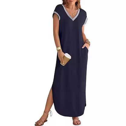 Women's Short-sleeved Dress V-neck Slit Loose