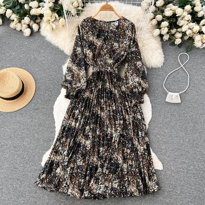 European And American Style Retro Printed Heavy-duty Pleated Dress Socialite Dress