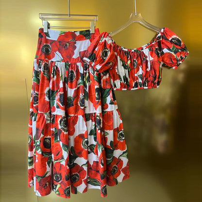 Red On White Flower Print Short Sleeve Pullover Top Long Skirt