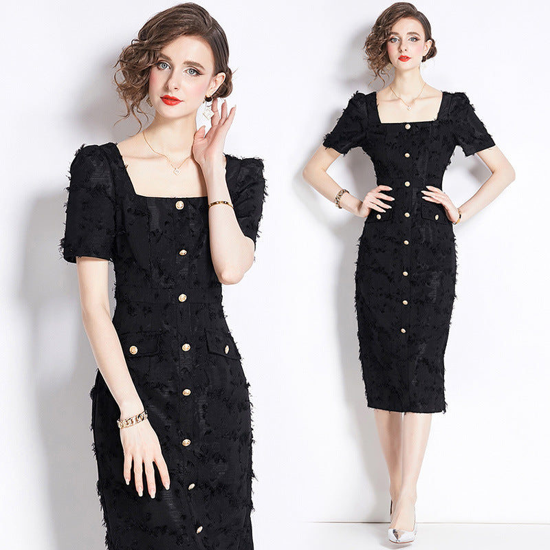 Vestido negro con borlas vintage estilo francés Hepburn