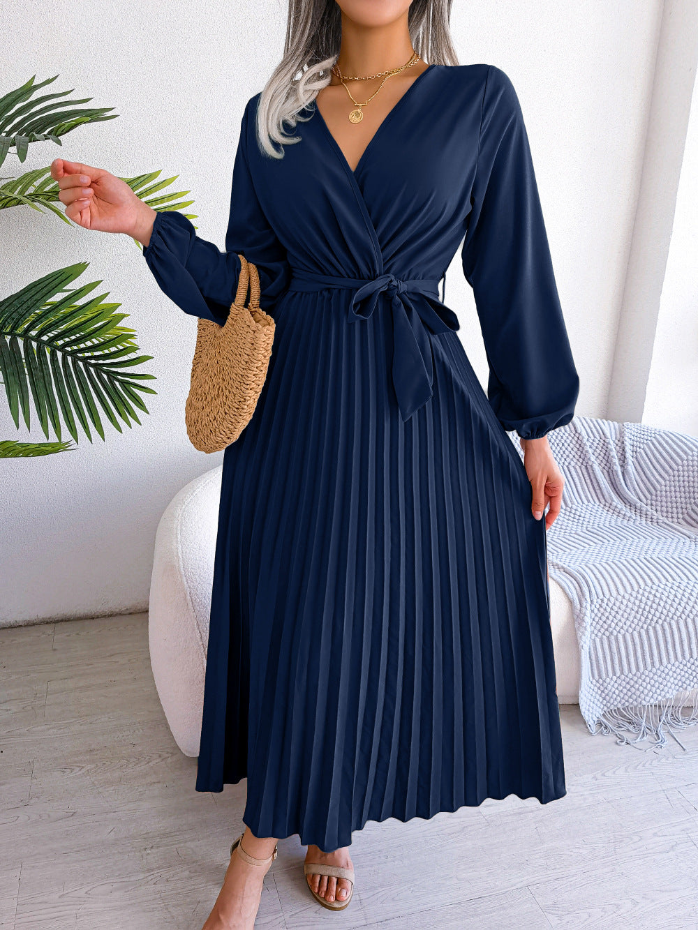 Robe de tempérament Style ethnique bohème, jupe plissée à col en v croisé