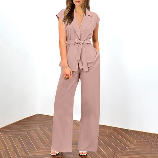 Costume à la mode pour femmes, couleur unie, pantalon à jambes larges, ensemble deux pièces