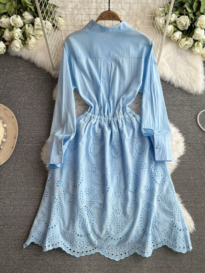 Robe chemise mi-longue à manches lanternes et amincissante à la taille