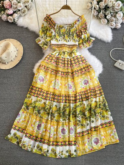 Bohemian Seaside Holiday Beach Dress Short Sleeve Square Collar