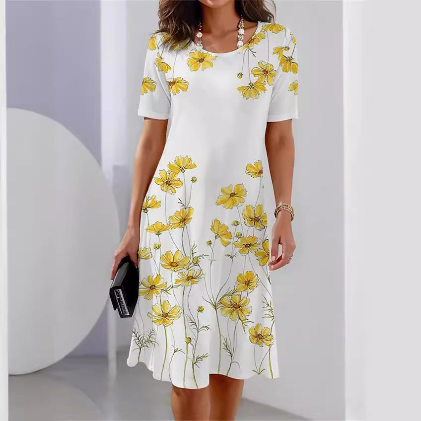 Women's Round Neck Printed Short Sleeve Casual Dress