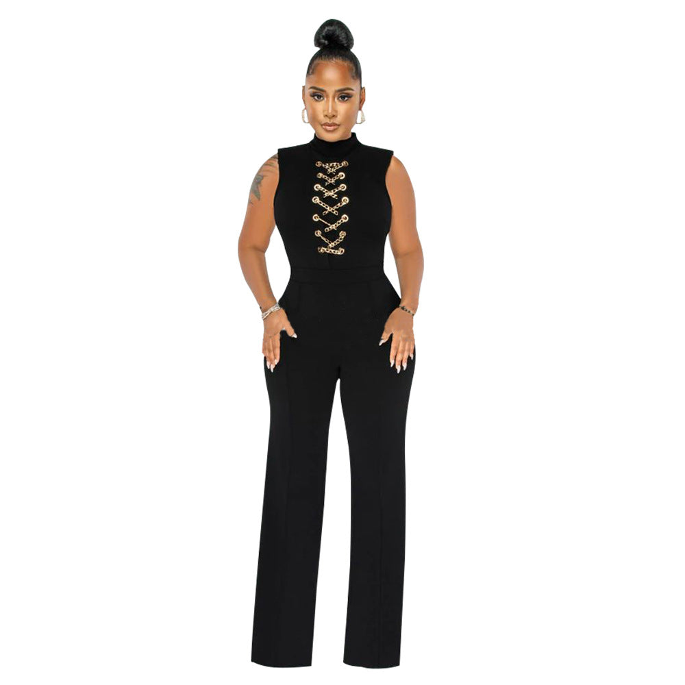 Women's Fashion Solid Color Sleeveless Stand Collar Round Neck Jumpsuit