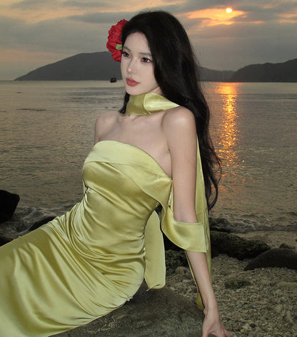 Acetate Satin Yellow Tube Top Dress Ribbon Scarf