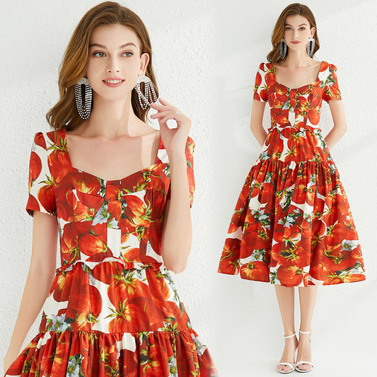 Robe dos nu à col carré rétro, couleur fleur rouge tomate, grande balançoire