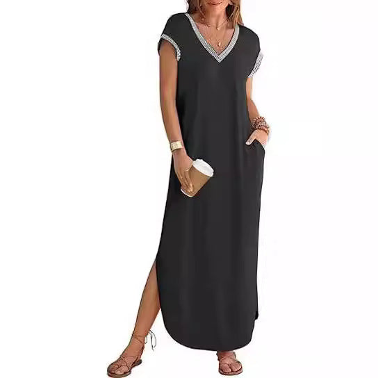 Women's Short-sleeved Dress V-neck Slit Loose