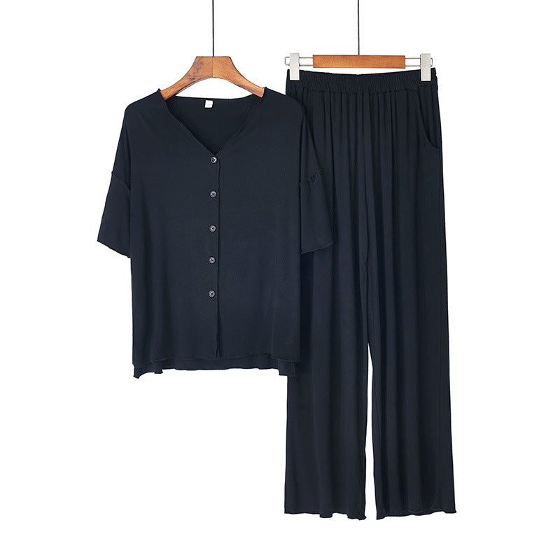 Women's Short-sleeved Trousers With Wooden Ears Cardigan Suit