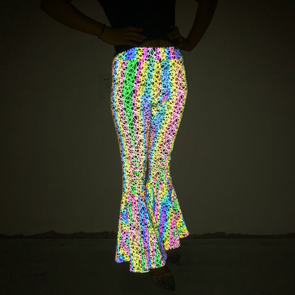 Colorful Reflective Bell-bottom Pants Women's High Waist Wide Leg Trousers